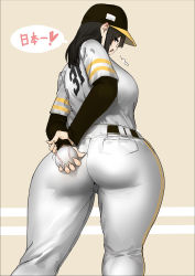 Rule 34 | 1girl, absurdres, arms behind back, ass, baseball, baseball cap, baseball uniform, black eyes, black hair, breasts, hat, highres, huge ass, japanese text, large breasts, long hair, looking back, original, pants, simple background, smile, solo, speech bubble, sportswear, thick thighs, thighs, tight clothes, tight pants, uru (uru0000), wide hips