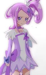 Rule 34 | 1girl, arm warmers, asymmetrical clothes, bad id, bad pixiv id, boots, brooch, choker, cowboy shot, crying, cure sword, curly hair, detached sleeves, dokidoki! precure, dress, fingerless gloves, gloves, hair ornament, hairclip, half updo, heart, heart brooch, jewelry, kenzaki makoto, magical girl, namizou, ponytail, precure, purple dress, purple eyes, purple hair, purple skirt, purple theme, purple thighhighs, sad, short hair, side ponytail, simple background, skirt, solo, tears, thigh boots, thighhighs, white background