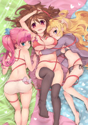 Rule 34 | 3girls, ;&lt;, absurdres, all fours, aqua eyes, ass, backboob, bare shoulders, bikini, black legwear, blonde hair, blush, bottomless, breasts, brown hair, convenient leg, frown, girl sandwich, green eyes, highres, hug, jacket, large breasts, long hair, looking at viewer, looking back, lying, mg kurino, multiple girls, naked ribbon, navel, on back, on side, one eye closed, open clothes, open jacket, open mouth, original, pink eyes, pink hair, purple eyes, red bikini, red eyes, ribbon, sandwiched, side-tie bikini bottom, sideboob, small breasts, smile, striped bikini, striped clothes, swimsuit, thighhighs, twintails