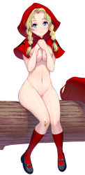 Rule 34 | 1girl, bandaid, bandaid on knee, bandaid on leg, blue eyes, braid, breasts, capelet, caplet, covering privates, covering breasts, full body, highres, hood, kouno (masao), large breasts, little red riding hood, little red riding hood (grimm), long hair, mary janes, nipple slip, nipples, nude, shoes, simple background, sitting, socks, solo, twin braids, uncensored