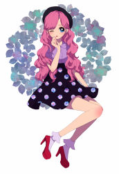 Rule 34 | 1girl, ;o, bad id, bad pixiv id, beret, black hat, black skirt, blouse, buttons, character request, floral print, full body, hat, high-waist skirt, high heels, highres, leaf, leaf background, lips, long hair, long skirt, looking at viewer, one eye closed, original, parted lips, pink hair, purple socks, red footwear, shirt, shoes, simple background, skirt, socks, solo, super dry (super dry rr), very long hair, wavy hair