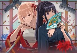 Rule 34 | 2girls, absurdres, bare shoulders, black bow, black hair, blonde hair, blue kimono, blurry, bow, breasts, chai haru, closed mouth, collarbone, commentary, depth of field, earrings, flower, flower earrings, gun, hair bow, hair flower, hair ornament, hand fan, handgun, highres, holding, holding fan, inoue takina, japanese clothes, jewelry, kimono, kiseru, large breasts, long hair, looking at viewer, lycoris recoil, midriff, multiple girls, nishikigi chisato, obi, ponytail, purple eyes, red eyes, red kimono, sarashi, sash, short hair, sidelocks, smoking pipe, spider lily, symbol-only commentary, weapon, weapon request