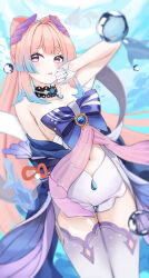 Rule 34 | 1girl, absurdres, air bubble, arm up, blue bow, blue gemstone, blush, bow, bow-shaped hair, breasts, bubble, choker, clenched hand, feet out of frame, fish, frilled choker, frills, gem, genshin impact, gloves, highres, long hair, looking at viewer, navel, off shoulder, opm7760, parted lips, pink hair, purple eyes, sangonomiya kokomi, shorts, small breasts, solo, thighhighs, underwater, very long hair, vision (genshin impact), white gloves, white shorts, white thighhighs