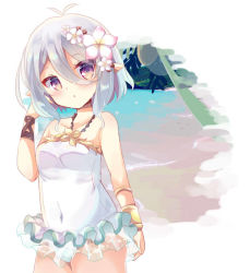 Rule 34 | 1girl, antenna hair, bare shoulders, blush, breasts, casual one-piece swimsuit, collarbone, commentary request, covered navel, flower, frilled swimsuit, frills, hair between eyes, hair flower, hair ornament, halterneck, hand up, kokkoro (princess connect!), kokkoro (summer) (princess connect!), kuriyuzu kuryuu, looking at viewer, one-piece swimsuit, parted lips, pink flower, pointy ears, princess connect!, purple eyes, silver hair, small breasts, solo, swimsuit, white flower, white one-piece swimsuit