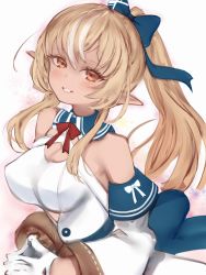 Rule 34 | 1girl, blonde hair, blouse, blue skirt, bow, bowtie, breasts, cleavage, dark-skinned female, dark skin, detached sleeves, elf, gloves, hair bow, highres, hololive, large breasts, long sleeves, looking at viewer, multicolored hair, nanashi (nlo), pointy ears, ponytail, red bow, red bowtie, red eyes, shiranui flare, shiranui flare (1st costume), shirt, skirt, smile, solo, streaked hair, virtual youtuber, white gloves, white shirt