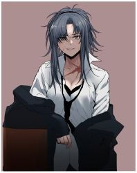Rule 34 | 1girl, absurdres, angelia (girls&#039; frontline), black bra, black jacket, black necktie, border, bra, breasts, cleavage, clothes pull, collarbone, girls&#039; frontline, grey eyes, grey hair, gwangvt, highres, jacket, jacket pull, long hair, long sleeves, looking at viewer, medium breasts, necktie, open mouth, parted lips, scar, scar on face, scar on neck, shirt, simple background, smile, solo, underwear, upper body, white border, white shirt