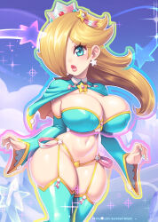 Rule 34 | aqua thighhighs, armor, blonde hair, blue eyes, blue sky, breastplate, breasts, capelet, cleavage, cowboy shot, day, detached sleeves, earrings, garter straps, hair over one eye, highres, jewelry, large breasts, long hair, long sleeves, looking at viewer, mario (series), nail polish, navel, nintendo, rosalina, skindentation, sky, sparkle background, standing, star (symbol), star earrings, super mario bros. wonder, super mario galaxy, supersatanson, thick lips, thighhighs