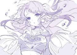 1girl beads blush breasts bubble cheerleader choker crop_top fins hair_beads hair_ornament head_fins kina_(446964) large_breasts long_hair looking_at_viewer monochrome ningyo_hime_(sinoalice) open_mouth pom_pom_(cheerleading) simple_background sinoalice sketch solo twintails water