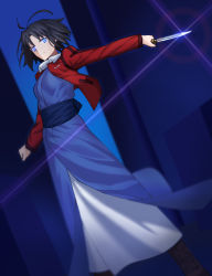Rule 34 | 1girl, antenna hair, black footwear, black hair, blue eyes, blue kimono, blue sky, boots, closed mouth, dutch angle, frown, fur-trimmed jacket, fur trim, highres, holding, holding knife, jacket, japanese clothes, kara no kyoukai, kimono, knife, long sleeves, looking at viewer, medium hair, night, open clothes, open jacket, outdoors, outstretched arm, red jacket, rio0237, ryougi shiki, sky, solo