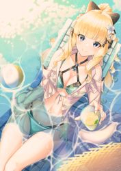 Rule 34 | 1girl, aqua bikini, bare shoulders, bikini, black bow, blonde hair, blue eyes, blunt bangs, blush, bow, breasts, cleavage, closed mouth, collarbone, commentary request, criss-cross halter, elf, flower, green bikini, hair bow, hair flower, hair ornament, halterneck, highres, holding, long hair, long sleeves, looking at viewer, medium breasts, navel, o-ring, partially submerged, pointy ears, ponytail, princess connect!, ribbon, saren (princess connect!), see-through, sidelocks, sitting, smile, solo, sora (men0105), swimsuit, water