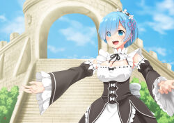 Rule 34 | 1girl, absurdres, apron, blue eyes, blue hair, blue sky, blush, breasts, brick wall, cleavage, cloud, collar, detached sleeves, dress, frilled dress, frilled sleeves, frills, hair ornament, hair over one eye, happy, highres, maid, medium breasts, nao suke, outdoors, outstretched arms, re:zero kara hajimeru isekai seikatsu, rem (re:zero), roswaal mansion maid uniform, scenery, sky, smile, stairs, stone stairs, x hair ornament
