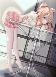 Rule 34 | 1girl, a-soul, absurdres, ass, bent over, blonde hair, blue eyes, blush, bow, closed mouth, crop top, diana (a-soul), female focus, full body, gusha s, hair bow, heel up, highres, huge filesize, legs, long hair, looking at viewer, no shoes, pantyhose, pink bow, pink skirt, shirt, skirt, smile, solo, standing, table, tiptoes, virtual youtuber, white pantyhose, white shirt