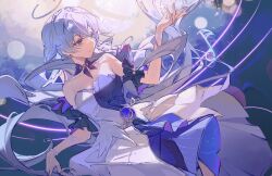 Rule 34 | 1girl, absurdres, bare shoulders, blue dress, commentary, detached sleeves, dress, halo, hand up, highres, honkai: star rail, honkai (series), purple hair, robin (honkai: star rail), short sleeves, solo, strapless, strapless dress, two-tone dress, white dress, yutou (yutou75)