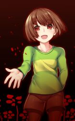 Rule 34 | 1other, :d, androgynous, arm behind back, black background, black pantyhose, bob cut, brown hair, brown shorts, chara (undertale), collarbone, commentary, cowboy shot, dark, english commentary, floating hair, flower, gradient background, green shirt, happy, long sleeves, looking at viewer, open mouth, outstretched arm, pantyhose, raised eyebrows, reaching, reaching towards viewer, red background, red eyes, red flower, ringed eyes, shirt, short hair, shorts, single horizontal stripe, smile, solo, standing, thigh gap, tsumumamire, two-tone shirt, undertale, wind, yellow shirt