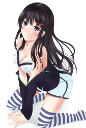 Rule 34 | 1girl, bare shoulders, black hair, blush, bra, breasts, cleavage, harami, highres, hood, hoodie, long hair, looking at viewer, original, purple eyes, solo, striped clothes, striped legwear, striped thighhighs, thighhighs, underwear, undressing, unzipped