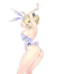 Rule 34 | 1girl, animal ears, armpits, arms up, ass, bare legs, blonde hair, blue eyes, breasts, cleavage, colorado (kancolle), commentary request, commission, cowboy shot, detached collar, headgear, kantai collection, kiyama satoshi, large breasts, leotard, looking at viewer, playboy bunny, rabbit ears, rabbit tail, short hair, side-tie leotard, simple background, skeb commission, smile, solo, standing, strapless, strapless leotard, tail, upper body, white background, white footwear, white leotard, wrist cuffs
