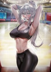 Rule 34 | 1girl, absurdres, armpits, arms behind head, arms up, bare arms, bare shoulders, black pants, black sports bra, blush, breasts, cleavage, collarbone, cowboy shot, crop top, hair between eyes, highres, korean commentary, large breasts, long hair, looking at viewer, midriff, navel, nompang, novel illustration, official art, open mouth, original, pants, pantyhose, sleeveless, solo, sports bra, stadium, standing, stomach, sweat, taut clothes, variant set, yoga pants