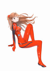 Rule 34 | 1girl, artist request, ass, blue eyes, blush, bodysuit, breasts, brown hair, curvy, floating hair, full body, highres, interface headset, invisible chair, long hair, looking at viewer, medium breasts, neon genesis evangelion, plugsuit, red bodysuit, shiny clothes, simple background, sitting, skin tight, solo, souryuu asuka langley, two side up, very long hair, white background, wide hips