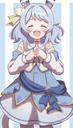 Rule 34 | 1girl, :d, ^ ^, absurdres, animal ears, bare shoulders, blue background, blue hair, blush, breasts, closed eyes, collared shirt, commentary request, detached sleeves, dress shirt, facing viewer, highres, hishi miracle (umamusume), horse ears, horse girl, horse tail, long sleeves, medium breasts, open mouth, puffy long sleeves, puffy sleeves, shirt, skirt, sleeveless, sleeveless shirt, smile, solo, standing, sunanuko (ramuneko), tail, two-tone background, umamusume, white background, white shirt, white skirt, white sleeves