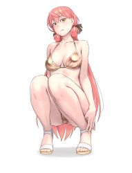 Rule 34 | 1girl, :t, akashi (kancolle), alternate costume, ass, bare shoulders, bikini, blush, breasts, commentary request, gold bikini, green eyes, hair ribbon, halterneck, highres, kantai collection, large breasts, long hair, looking at viewer, pink hair, pout, ribbon, shiny clothes, simple background, solo, squatting, string bikini, swimsuit, tress ribbon, very long hair, white background, yellow bikini, yuuji (and)