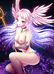 Rule 34 | 1girl, bad id, bad pixiv id, breasts, choker, closed mouth, collarbone, commission, cross, cross necklace, crossed arms, earrings, feathered wings, floating hair, flower, gigamessy, gradient hair, hair flower, hair ornament, head wings, holding, holding staff, jewelry, long hair, medium breasts, multicolored eyes, multicolored hair, necklace, nipples, original, pink hair, pink wings, pointy ears, purple hair, see-through, silver hair, sitting, smile, solo, staff, topless, very long hair, white flower, wings