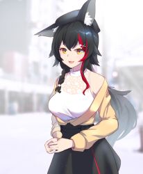 Rule 34 | 1girl, :d, absurdres, animal ears, bare shoulders, black hair, black hat, black skirt, blouse, braid, casual, hat, highres, hololive, jacket, long hair, long sleeves, looking at viewer, merong, multicolored hair, ookami mio, ookami mio (street), open mouth, outdoors, shirt, skirt, sky, sleeveless, sleeveless shirt, smile, solo, streaked hair, tail, virtual youtuber, white shirt, white sky, wolf ears, wolf girl, wolf tail, yellow eyes, yellow jacket