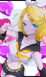 Rule 34 | 1girl, absurdres, black shorts, blonde hair, blue eyes, character name, closed mouth, commentary, detached sleeves, english text, goma irasuto, hair ornament, hairclip, headset, highres, kagamine rin, looking at viewer, neckerchief, necktie, shorts, smile, v, vocaloid, yellow nails, yellow neckerchief, yellow necktie