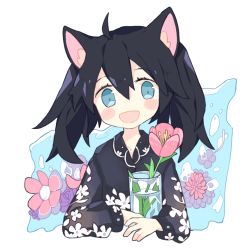 Rule 34 | 1girl, :d, ahoge, air bubble, animal ear fluff, animal ears, arm rest, black hair, black shirt, blouse, blue eyes, blush stickers, bubble, cat ears, collarbone, collared shirt, cropped torso, floral print, flower, hair between eyes, happy, head tilt, leaf, long hair, long sleeves, looking at viewer, melan (melanbread), melanbread, no nose, open mouth, original, partially immersed, pink flower, puffy long sleeves, puffy sleeves, purple flower, shirt, sleeve cuffs, smile, solo, straight-on, tareme, transparent, twintails, upper body, vase, water, white background