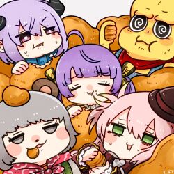 Rule 34 | 1boy, 4girls, :3, @ @, ahoge, animal ears, animal nose, bags under eyes, bandana, black eyes, blunt bangs, blush stickers, chibi, chicken nuggets, closed eyes, closed mouth, colored skin, demon horns, eating, facing viewer, fairys (vtuber), food, food in mouth, food on face, food on head, full mouth, furrowed brow, green eyes, grey background, grey eyes, grey hair, grimace, hat, horns, indie virtual youtuber, jitome, long hair, mimic (vtuber), mochi hiyoko, mochipro, mode aim, multiple girls, object on head, open mouth, overalls, oversized food, oversized object, peanuts-kun, pink eyes, pink hair, ponpoko (vtuber), purple hair, raccoon ears, raccoon girl, red bandana, short hair, simple background, tearing up, tenmiyakiyo, tilted headwear, too much food, twintails, v-shaped eyebrows, virtual youtuber, yellow skin