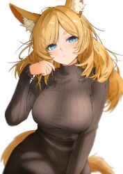 Rule 34 | 1girl, animal ear fluff, animal ears, arknights, black skirt, blonde hair, blue eyes, breasts, bright pupils, commentary request, grey sweater, hand up, highres, horse ears, horse girl, horse tail, large breasts, long hair, long sleeves, looking at viewer, parted bangs, ribbed sweater, simple background, skirt, solo, sora mame (princess 0sora), sweater, tail, whislash (arknights), white background, white pupils