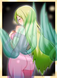 Rule 34 | 1girl, ass, bare shoulders, blush, breasts, breath of fire, breath of fire iii, closed eyes, cougar (cougar1404), from behind, green hair, long hair, myria, original, pants, shawl, shiny clothes, shiny skin, sideboob, solo, very long hair
