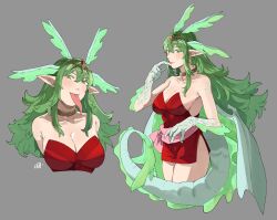 Rule 34 | 1girl, absurdres, antennae, breasts, claws, cleavage, cropped legs, cropped torso, dragon girl, dragon tail, dragon wings, fire emblem, fire emblem awakening, green eyes, green hair, hair down, highres, large breasts, licking, licking finger, long tongue, miniskirt, nintendo, pointy ears, sakuremi, sash, scales, skirt, solo, strapless, tail, tiara, tiki (adult) (fire emblem), tiki (fire emblem), tongue, tongue out, wings