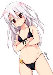 Rule 34 | 1girl, bikini, black bikini, cameltoe, commentary request, cowboy shot, crescent, crescent pin, crossed arms, flat chest, front-tie top, highres, kantai collection, kikuzuki (kancolle), long hair, looking at viewer, nassukun, one-hour drawing challenge, red eyes, simple background, solo, standing, swimsuit, twitter username, white background, white hair