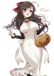 Rule 34 | 1girl, ahoge, blush, breasts, brown hair, candy, cleavage, dress, food, hair ornament, hair ribbon, hairclip, halloween, halloween costume, happy halloween, holding, jack-o&#039;-lantern, kantai collection, large breasts, long hair, long sleeves, mamiya (kancolle), one-hour drawing challenge, open mouth, red eyes, red ribbon, ribbon, simple background, smile, solo, white background, white dress, yamashichi (mtseven)