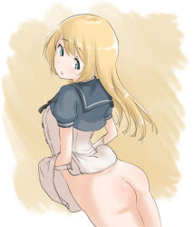Rule 34 | 1girl, ass, blonde hair, blue eyes, blush, clothes lift, dress, dress lift, hair between eyes, highres, jervis (kancolle), kantai collection, lifting own clothes, long dress, looking at viewer, no panties, school uniform, serafuku, short sleeves, simple background, solo, standing, tama (tamago), white background