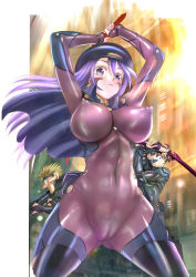Rule 34 | 1girl, 2boys, akashi eight, ass, bodysuit, breasts, cameltoe, covered erect nipples, gluteal fold, huge ass, kido ayame (kimi wa 008), kimi wa 008, large breasts, long hair, looking at viewer, looking to the side, matsuena shun, multiple boys, nipples, no bra, no panties, official art, purple hair, scan, shiny clothes, thighs