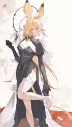 Rule 34 | 1girl, absurdres, animal ears, arknights, black dress, black gloves, blonde hair, breasts, brown background, cleavage, cmdr saturn, dorothy (arknights), dorothy (hand of destiny) (arknights), dress, elbow gloves, foot out of frame, gloves, highres, long hair, medium breasts, mouse ears, mouse girl, mouse tail, simple background, solo, standing, standing on one leg, tail, thighhighs, white thighhighs, yellow eyes