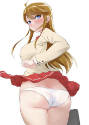 Rule 34 | 1girl, :o, absurdres, ahoge, ass, blazer, blush, breasts, brown hair, butt crack, curvy, echihiro, full-face blush, highres, idolmaster, idolmaster million live!, jacket, large breasts, looking at viewer, looking back, panties, pantyshot, pleated skirt, red skirt, simple background, skirt, solo, straight hair, tokoro megumi, underwear, upskirt, white background
