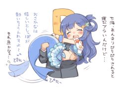 Rule 34 | 10s, 1boy, 1girl, 7010, :d, ^ ^, asari nanami, blue hair, blue tail, blush, carrying, closed eyes, fish hair ornament, hair ornament, idolmaster, idolmaster cinderella girls, long hair, mermaid, monster girl, open mouth, p-head producer, princess carry, producer (idolmaster), simple background, smile, tail, tail wagging, translation request, white background