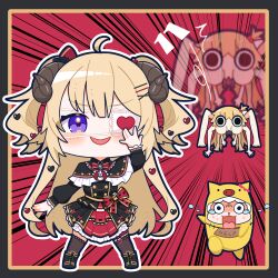 Rule 34 | 1girl, 1other, absurdres, ahoge, akai haato, akai haato (gothic lolita), animal ears, black capelet, black coat, black dress, black skirt, blonde hair, blush, blush stickers, bow, bowtie, buttons, capelet, chibi, chuunibyou, coat, double-breasted, dress, eyepatch, frilled capelet, frills, full body, gothic lolita, haaton (akai haato), hair ornament, hairclip, heart, heart eyepatch, heart hair ornament, highres, hiruno isu, hololive, horns, layered dress, lolita fashion, long hair, long sleeves, medical eyepatch, monster, overskirt, purple eyes, red bow, red bowtie, red dress, sheep ears, sheep girl, sheep horns, short dress, skirt, sleeveless, sleeveless dress, spiderchama, tsunomaki watame, two side up, very long hair, virtual youtuber, watamate
