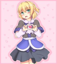 Rule 34 | 1girl, arm warmers, blonde hair, blush, d:, embarrassed, green eyes, heart, heart hands, isaki (gomi), mizuhashi parsee, open mouth, pointy ears, ponytail, robe, scarf, short hair, skirt, solo, touhou