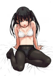 Rule 34 | 1girl, arm support, black eyes, black hair, black pantyhose, bow, bow panties, bra, breasts, crotch seam, feet, fumitan (humitan), long hair, open mouth, original, panties, panties under pantyhose, pantyhose, simple background, small breasts, solo, thighband pantyhose, underwear, underwear only, white background, white bra, white panties