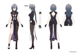 ahoge asymmetrical_legwear back_bow belt beret black_belt black_dress black_footwear black_gloves black_hat bow braided_sidelock breasts cape character_sheet china_dress chinese_clothes double-parted_bangs dress full_body gloves gradient_eyes grey_hair hair_between_eyes hair_bow hat high_heels hip_vent kisara_(nijisanji) long_hair low_ponytail medium_breasts multicolored_eyes nijisanji official_art pelvic_curtain sidelocks single_leg_pantyhose standing tassel tokki virtual_youtuber waist_cape