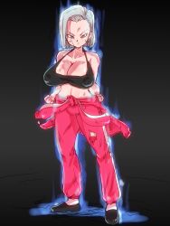 Rule 34 | 10s, 1girl, android 18, bare arms, bare shoulders, black background, blonde hair, blue eyes, bob cut, breasts, cleavage, clenched hands, closed mouth, clothes around waist, dragon ball, dragon ball super, covered erect nipples, feet, fighting stance, full body, large breasts, legs, legs apart, looking at viewer, midriff, rickert kai, serious, shoes, short hair, simple background, sleeveless, standing, tank top, thighs, track suit