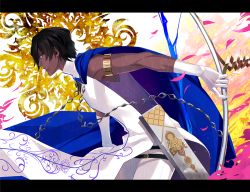 Rule 34 | 1boy, arjuna (fate), armlet, black hair, bow (weapon), closed mouth, dark-skinned male, dark skin, elbow gloves, expressionless, fate/grand order, fate (series), from side, gloves, hair over one eye, half-closed eyes, holding, holding bow (weapon), holding weapon, indian clothes, kuramubon wa shinda yo, leaning forward, letterboxed, looking at viewer, looking to the side, male focus, muscular, pants, parted lips, pelvic curtain, quiver, shirt, sleeveless, sleeveless shirt, solo, standing, swept bangs, wavy hair, weapon, white gloves, white pants, white shirt