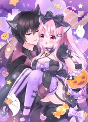 Rule 34 | 1boy, 1girl, animal ear fluff, animal ears, bell, black bow, black dress, black footwear, black gloves, black hair, black pants, black shirt, blazer, blush, bow, breasts, candy, cat ears, cat hair ornament, cat tail, chiika (cure cherish), choker, cleavage, collared shirt, dress, fake animal ears, food, garter straps, gloves, hair between eyes, hair bow, hair ornament, hairclip, halloween, halterneck, heart, jack-o&#039;-lantern, jacket, large breasts, lollipop, long hair, looking at another, low neckline, mary janes, neck bell, necktie, open mouth, original, pants, pink hair, puffy short sleeves, puffy sleeves, purple background, purple thighhighs, red eyes, shirt, shoes, short hair, short sleeves, sidelocks, star (symbol), striped clothes, striped thighhighs, tail, thigh strap, thighhighs, two side up, vertical-striped clothes, vertical-striped thighhighs, wings