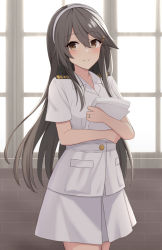 Rule 34 | 1girl, akahi242, black hair, blush, brown eyes, closed mouth, cowboy shot, hair between eyes, hair ornament, hairclip, haruna (kancolle), highres, holding, holding paper, jewelry, kantai collection, long hair, looking at viewer, military, military uniform, naval uniform, paper, ring, short sleeves, smile, solo, uniform, wedding ring, window