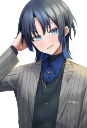 Rule 34 | 1girl, black shirt, blue eyes, blue hair, blush, collared shirt, grey jacket, highres, hiodoshi ao, hololive, hololive dev is, jacket, looking at viewer, natsume mina, open mouth, shirt, short hair, smile, solo, striped clothes, striped jacket, vertical-striped clothes, vertical-striped jacket, virtual youtuber, white background
