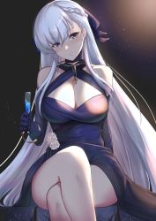 Rule 34 | 1girl, alternate costume, azur lane, bangle, belfast (azur lane), belfast (the noble attendant) (azur lane), blue eyes, blush, bracelet, braid, breasts, chain, cleavage, crossed legs, cup, dress, elbow gloves, gloves, hair ribbon, halter dress, halterneck, head tilt, highres, holding, holding cup, jewelry, large breasts, long hair, looking at viewer, ribbon, sidelocks, silver hair, sitting, solo, yamikyon