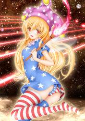 Rule 34 | 1girl, :d, alternate legwear, american flag dress, american flag legwear, american flag panties, american flag shirt, ass, blonde hair, blush, clownpiece, dress, earth (planet), fire, hair between eyes, hat, highres, holding, jester cap, laser, long hair, looking at viewer, microdress, moon, open mouth, planet, red eyes, short sleeves, smile, solo, space, star (symbol), star print, striped clothes, striped thighhighs, sturm (arowana kingyo), thighhighs, thighs, torch, touhou, very long hair